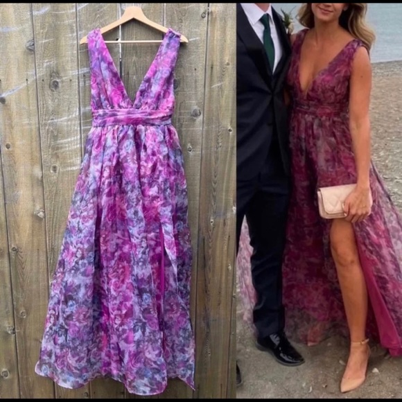 Magenta Watercolor Floral Print Organza Maxi Dress 🌿 - Picture 1 of 10